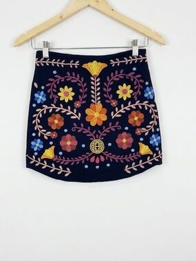 Herencia Collection Embroidered Floral Mini Skirt Black Multi Boho Fiesta Sz S